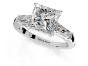 3 Stone Engagement Ring Setting for Princess Cut Center with Tapered Baguettes, Plain Band and Prong Head in Platinum