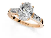3 Stone Engagement Ring Setting for Oval Center with Tapered Baguettes, Plain Band and Prong Head in Rose Gold