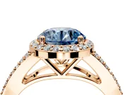 Halo Engagement Ring Setting for Fancy Blue Round Cut Center with Pave Split Shank and Prong Head in Rose Gold