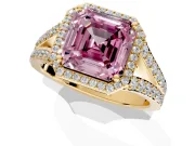 Halo Engagement Ring Setting for Fancy Pink Asscher Cut Center with Narrow Pave Split Shank and Prong Head in Yellow Gold