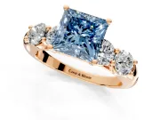 5 Stone Engagement Ring Setting for Fancy Blue Princess Cut Center with Graduated Accents and Prong Head in Rose Gold