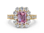 Halo Engagement Ring Setting for Fancy Pink Emerald Cut Center with Milgrain Channel Band and Prong Head in Yellow Gold
