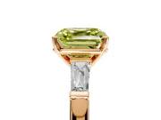 3 Stone Engagement Ring Setting for Fancy Yellow Asscher Cut Center with Tapered Baguettes, Plain Band and Prong Head in Rose Gold