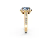 Halo Engagement Ring Setting for Fancy Blue Princess Cut Center with Milgrain Channel Band and Prong Head in Yellow Gold