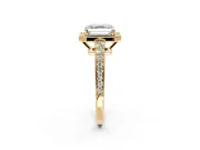 Bezel-Framed Halo Engagement Ring Setting for Asscher Cut Center with Pave Band and Prong Head in Yellow Gold