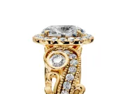 Milgrain Halo Engagement Ring Setting for Oval Center with Shoulder Bezels and Prong Head in Yellow Gold