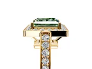 Bezel-Framed Halo Engagement Ring Setting for Fancy Green Princess Cut Center with Pave Band and Prong Head in Yellow Gold