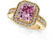 Milgrain Halo Engagement Ring Setting for Fancy Pink Radiant Cut Center with Pave Band and Prong Head in Yellow Gold