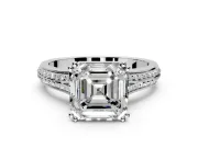 Solitaire Engagement Ring Setting for Asscher Cut Center with Pave Rail Split Shank and Prong Head in Sterling Silver