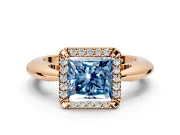 Halo Engagement Ring Setting for Fancy Blue Princess Cut Center with Tapered Plain Band and Prong Head in Rose Gold