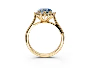 Starburst Halo Engagement Ring Setting for Fancy Blue Heart-Shaped Center with Thin Round-Wire Band and Prong Head in Yellow Gold