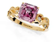 Leaf Engagement Ring Setting for Fancy Pink Asscher Cut Center with Milgrain Accent Band and Prong Head in Yellow Gold