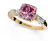 3 Stone Engagement Ring Setting for Fancy Pink Cushion Cut Center with Baguette Accents and Prong Head in Yellow Gold