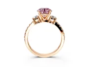 3 Stone Engagement Ring Setting for Fancy Pink Round Cut Center with Round Cut Side Accents and Prong Head in Rose Gold