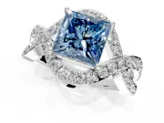 Halo Engagement Ring Setting for Fancy Blue Princess Cut Center with Pave Infinity Twist Band and Prong Head in White Gold