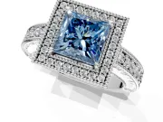Milgrain Halo Engagement Ring Setting for Fancy Blue Princess Cut Center with Pave Band and Prong Head in Platinum