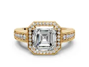 Milgrain Halo Engagement Ring Setting for Asscher Cut Center with Pave Band and Prong Head in Yellow Gold