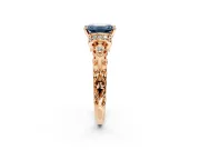 Solitaire Engagement Ring Setting for Fancy Blue Emerald Cut Center with Filigree Band and Prong Head in Rose Gold