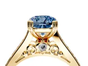 Solitaire Engagement Ring Setting for Fancy Blue Cushion Cut Center with Channel Band and Double Claw Prong Head in Yellow Gold