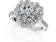Milgrain Halo Engagement Ring Setting for Heart-Shaped Center with Bezel Point Accents and Prong Head in Platinum