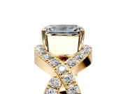 Halo Engagement Ring Setting for Emerald Cut Center with Pave Infinity Twist Band and Prong Head in Yellow Gold