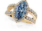 Halo Engagement Ring Setting for Fancy Blue Marquise Center with Wide-Open Pave Split Shank and Prong Head in Yellow Gold
