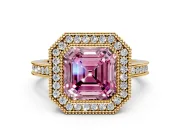 Halo Engagement Ring Setting for Fancy Pink Asscher Cut Center with Milgrain Halo, Pave Band and Prong Head in Yellow Gold