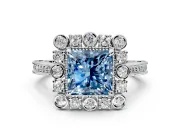 Milgrain Halo Engagement Ring Setting for Fancy Blue Princess Cut Center with Bezel Point Accents and Prong Head in Sterling Silver