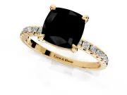 Solitaire Engagement Ring Setting for Fancy Black Cushion Cut Center with Fine Pave Narrow Band and Prong Head in Yellow Gold