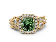 Milgrain Halo Engagement Ring Setting for Fancy Green Cushion Cut Center with Shoulder Bezels and Prong Head in Yellow Gold