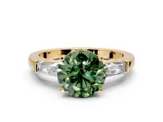 3 Stone Engagement Ring Setting for Fancy Green Round Cut Center with Tapered Baguettes, Plain Band and Prong Head in Yellow Gold