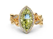Halo Engagement Ring Setting for Fancy Yellow Marquise Center with Leaf Motif Split Shank and Prong Head in Yellow Gold
