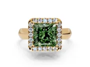 Halo Engagement Ring Setting for Fancy Green Princess Cut Center with Square Band and Prong Head in Yellow Gold