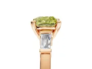 3 Stone Engagement Ring Setting for Fancy Yellow Cushion Cut Center with Channel Baguette Accents and Prong Head in Rose Gold