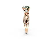 3 Stone Engagement Ring Setting for Fancy Green Heart-Shaped Center with Pave Twist Band and Prong Head in Rose Gold