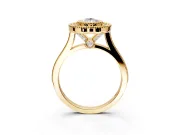 Halo Engagement Ring Setting for Pear-Shaped Center with Milgrain Frame, Pave Band and Prong Head in Yellow Gold