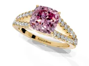 Solitaire Engagement Ring Setting for Fancy Pink Cushion Cut Center with Pave Split Shank and Prong Head in Yellow Gold