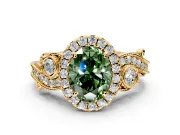 Milgrain Halo Engagement Ring Setting for Fancy Green Oval Center with Shoulder Bezels and Prong Head in Yellow Gold