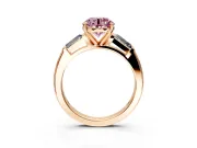 3 Stone Engagement Ring Setting for Fancy Pink Round Cut Center with Tapered Baguettes, Plain Band and Prong Head in Rose Gold