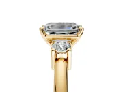 3 Stone Engagement Ring Setting for Emerald Cut Center with Wide Plain Band and Prong Head in Yellow Gold