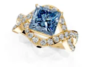 Halo Engagement Ring Setting for Fancy Blue Princess Cut Center with Pave Infinity Twist Band and Prong Head in Yellow Gold