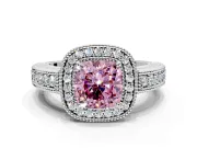 Milgrain Halo Engagement Ring Setting for Fancy Pink Cushion Cut Center with Pave Band and Prong Head in Sterling Silver
