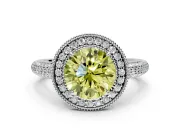 Milgrain Halo Engagement Ring Setting for Fancy Yellow Round Cut Center with Three-Sided Pave Band and Prong Head in White Gold