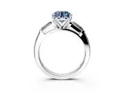 3 Stone Engagement Ring Setting for Fancy Blue Round Cut Center with Tapered Baguettes, Plain Band and Prong Head in Sterling Silver