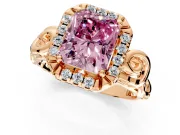 Halo Engagement Ring Setting for Fancy Pink Radiant Cut Center with Open Scroll Shoulders and Prong Head in Rose Gold