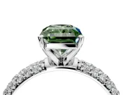 Solitaire Engagement Ring Setting for Fancy Green Radiant Cut Center with Domed Multi-Row Pave Band and Prong Head in Platinum