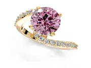 Solitaire Engagement Ring Setting for Fancy Pink Round Cut Center with Pave Bypass Swirl Band and Prong Head in Yellow Gold