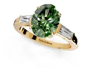 3 Stone Engagement Ring Setting for Fancy Green Oval Center with Baguette Accents and Prong Head in Yellow Gold