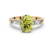 3 Stone Engagement Ring Setting for Fancy Yellow Oval Center with Tapered Baguettes, Plain Band and Prong Head in Yellow Gold