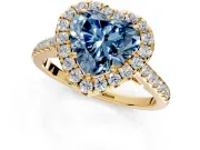 Halo Engagement Ring Setting for Fancy Blue Heart-Shaped Center with Narrowing Pave Band and Prong Head in Yellow Gold